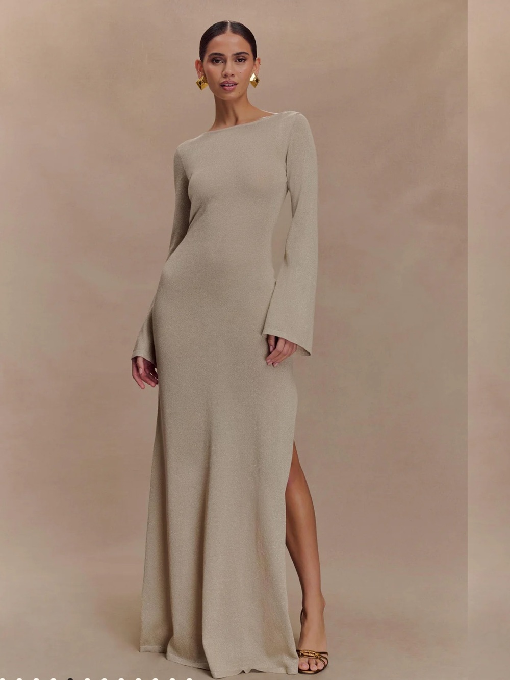 Meshki Beige Long Sleeve Maxi Dress with Side Slit